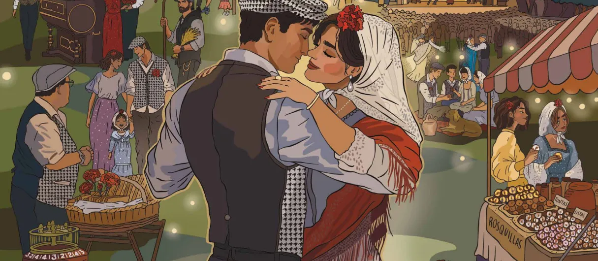 Ilustración de pareja de chulapos bailando en una verbena