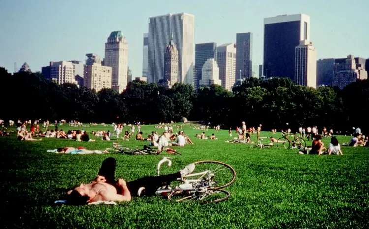 Gente tumbada en el cesped de Central Park en Nueva York