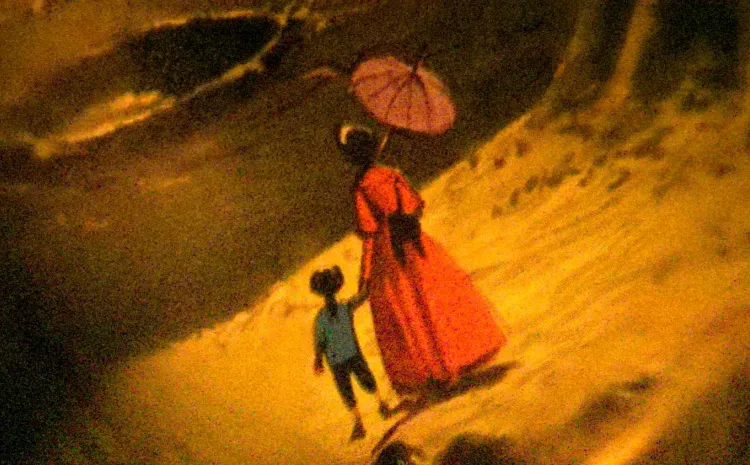 Ilustración de una mujer con parasol dando la mano a un niño