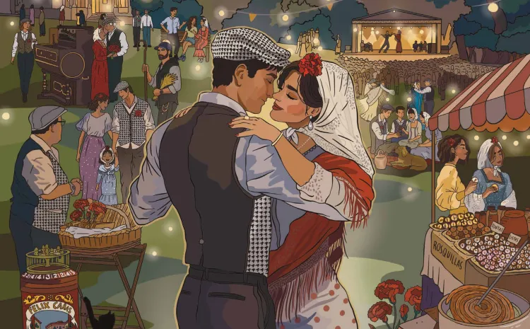 Ilustración de pareja de chulapos bailando en una verbena