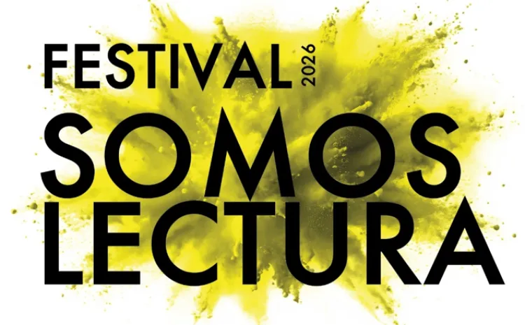 Texto con el título del festival SOMOS LECTURA con explosión de color amarillo