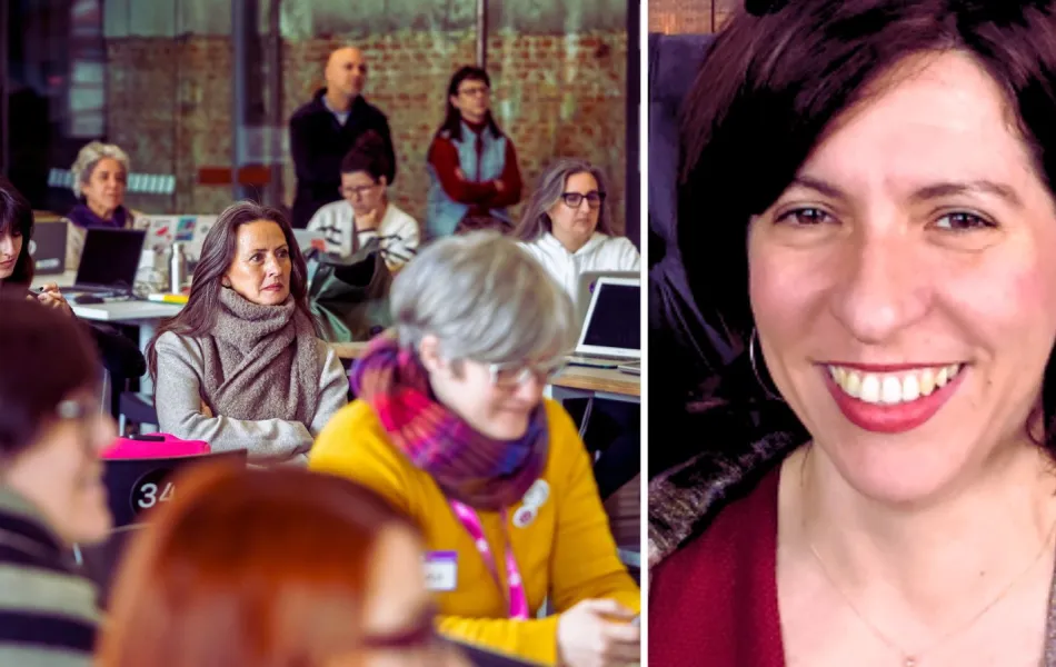 Montaje de foto con mujeres trabajando en un aula y rostro de una mujer en primer plano
