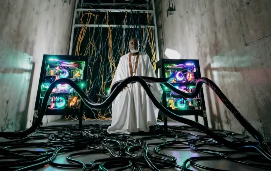 Un hombre de raza negra con toga blanca frente a unas pantallas y cables