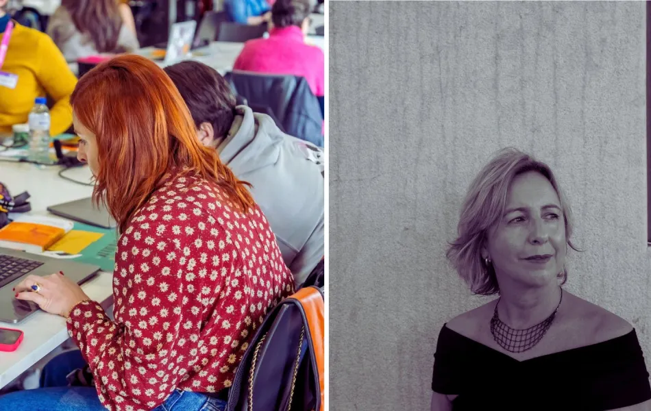 Imagen partida: a un lado un grupo de mujeres trabajan en torno a una mesa, al otro retrato de una mujer que mira fuera de campo apoyada en un muro blanco