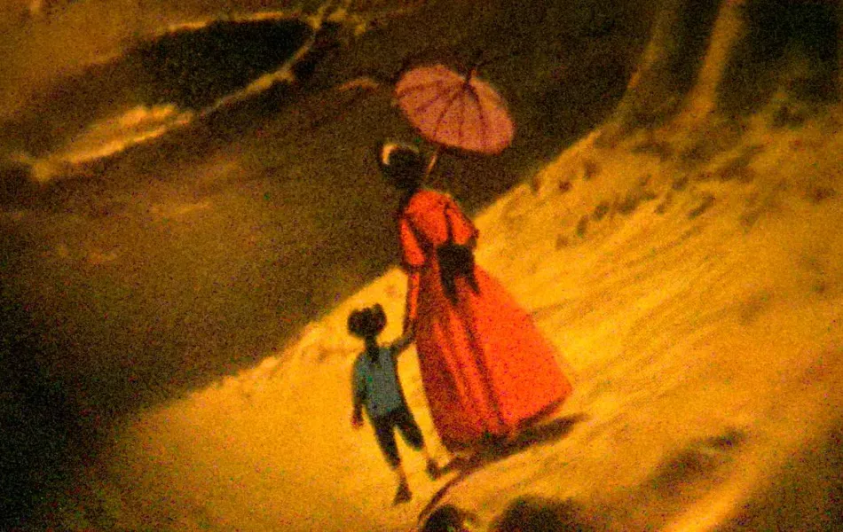 Ilustración de una mujer con parasol dando la mano a un niño