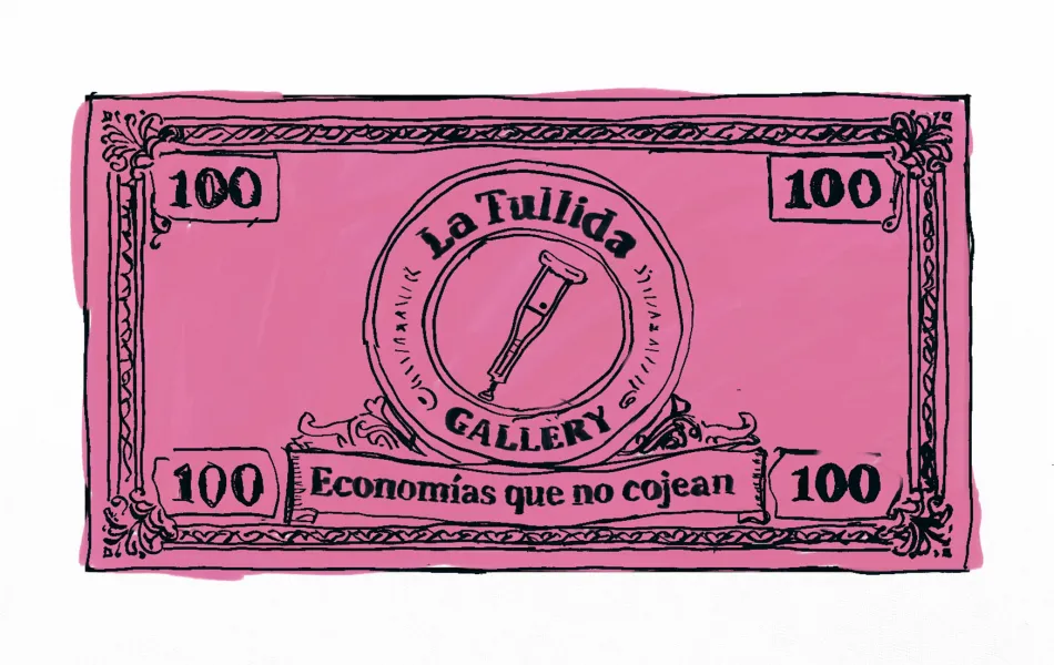 Sello con fondo rosa y una ilustración de una muleta