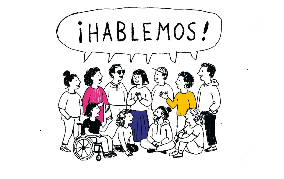 ilustración de grupo de personas reunidas de pie, con una persona en silla de ruedas en primer término