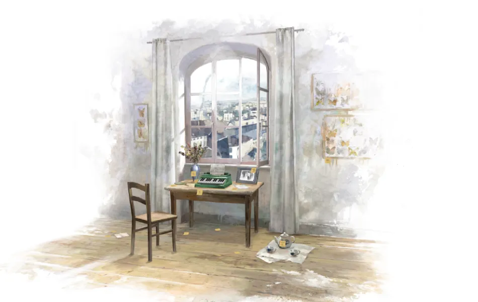 Ilustración de una ventana y el mobiliario de una habitación