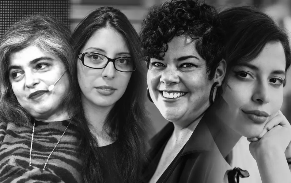 Collage en blanco y negro de fotografías de rostros de cuatro mujeres
