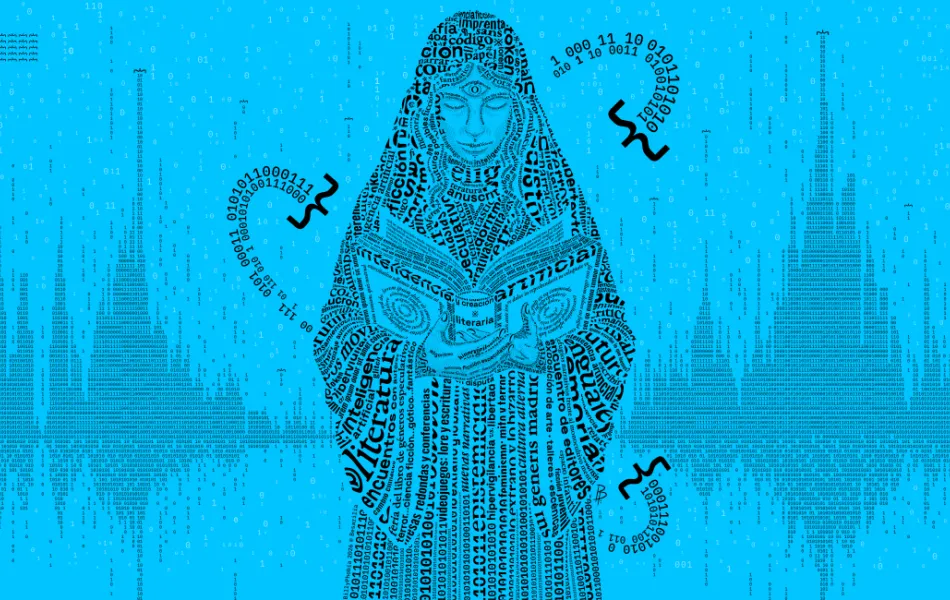 Ilustración de una jóven vestida con una capa leyendo un libro sobre fondo azul