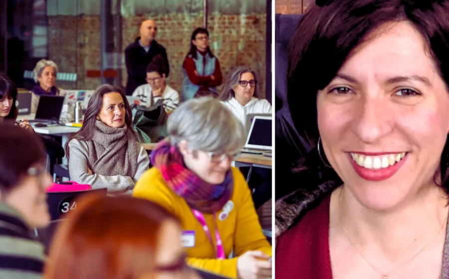 Montaje de foto con mujeres trabajando en un aula y rostro de una mujer en primer plano