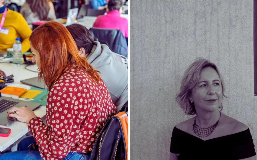 Imagen partida: a un lado un grupo de mujeres trabajan en torno a una mesa, al otro retrato de una mujer que mira fuera de campo apoyada en un muro blanco