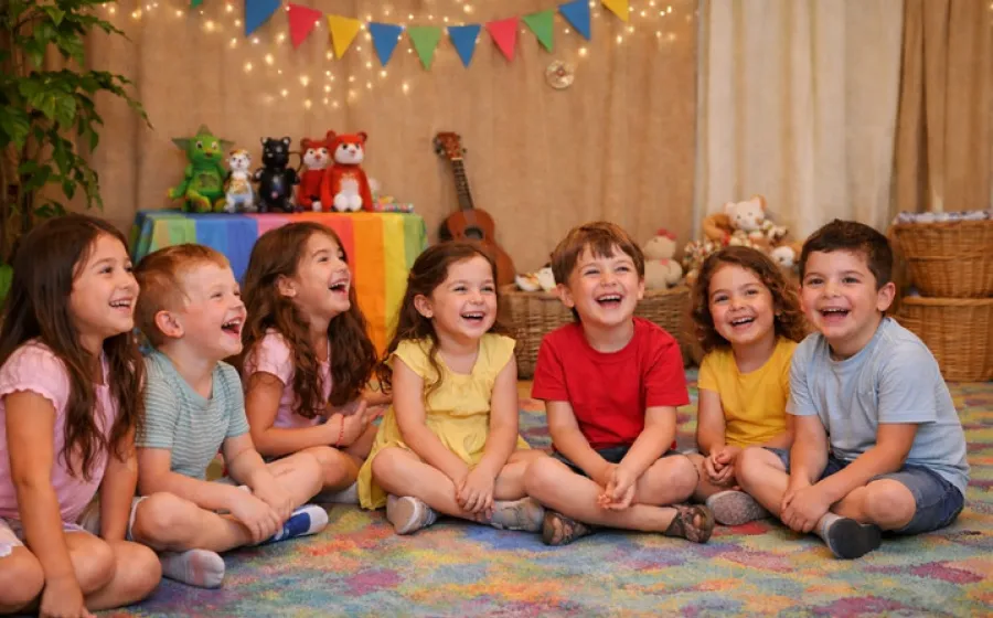 Niños y niñas sentados riendo