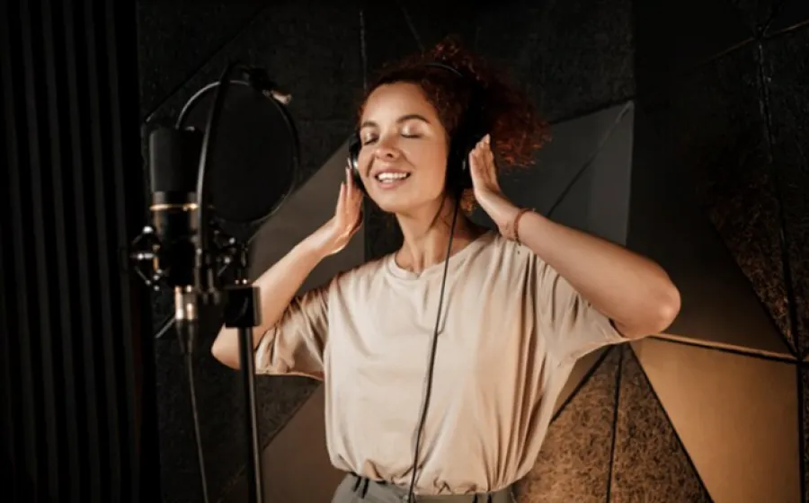 Chica cantando frente al micrófono