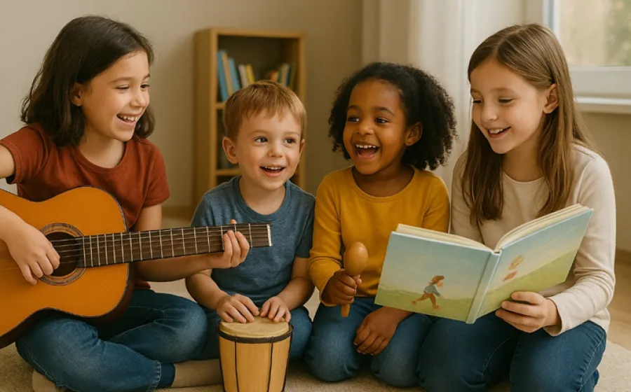 Niños divirtiéndose con instrumentos musicales