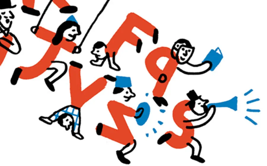 Ilustración de personajes cuyos cuerpos son letras del abecedario