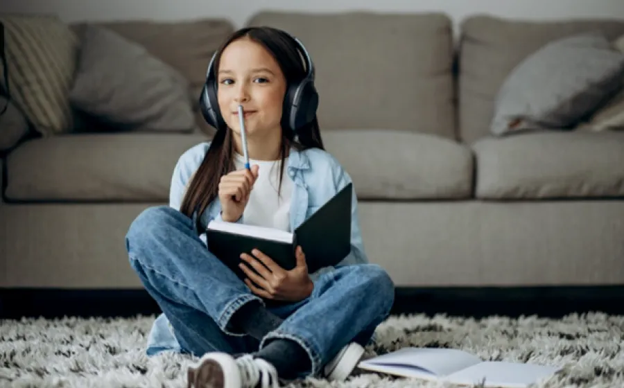 Niña con cascos escribe en un cuaderno