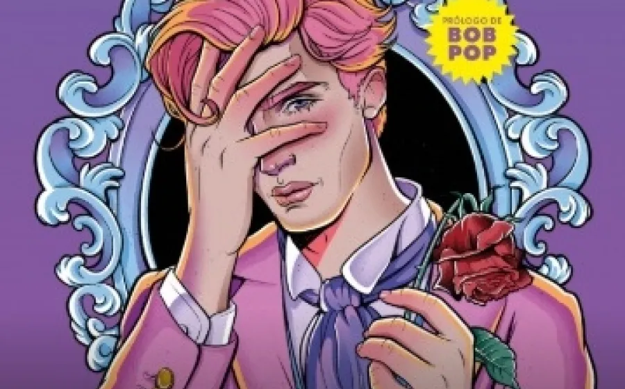 Ilustración de un joven que se lleva la mano a la cara y sujeta una rosa en la otra