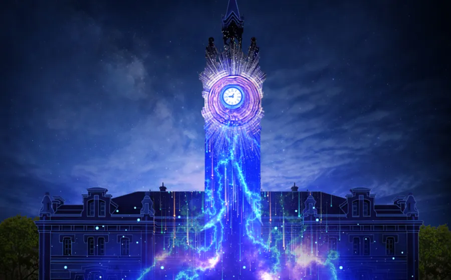 Videomapping en fachada de edificio con reloj