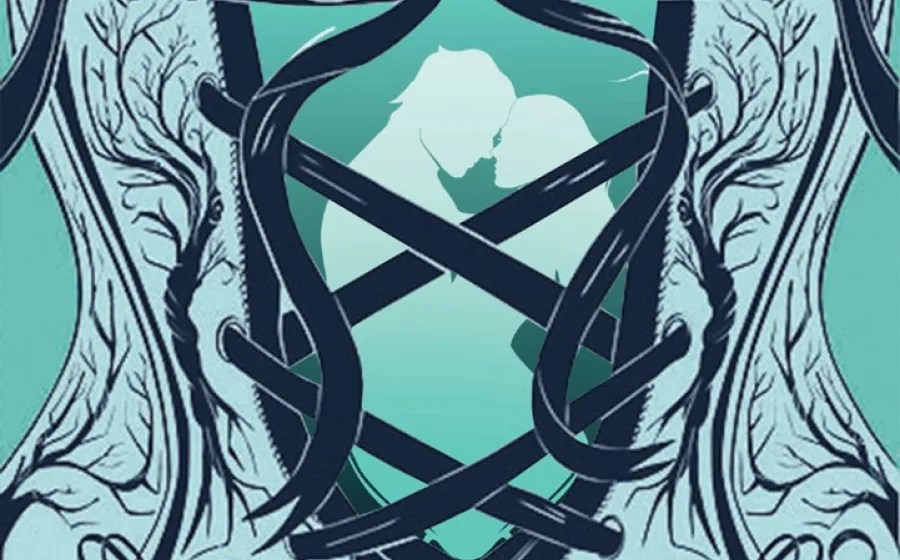 ilustración de la silueta de una pareja abrazada tras un corsé