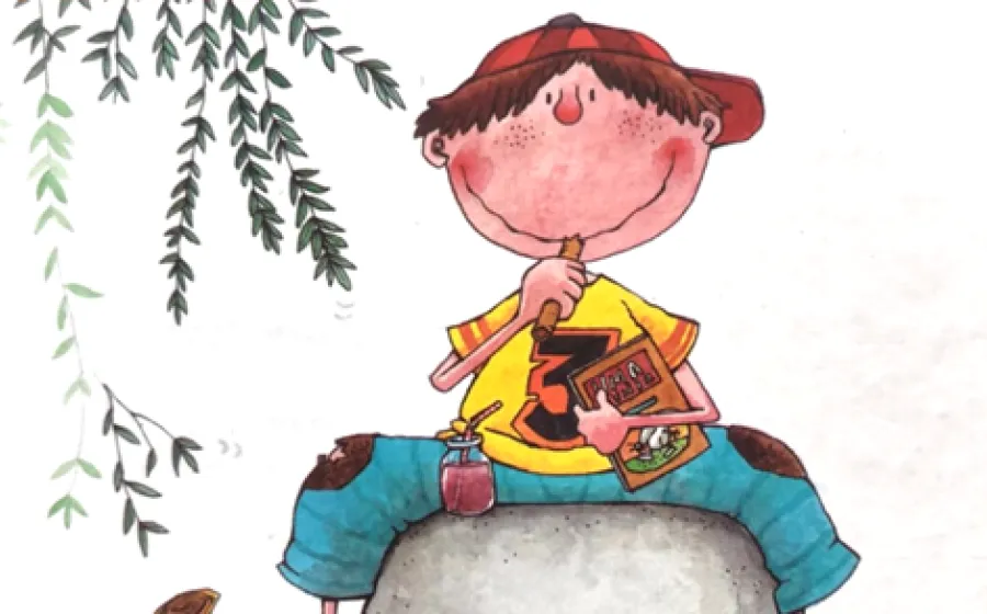 Ilustración de un chico sentado sobre una roca con un cuaderno y un lápiz en las manos