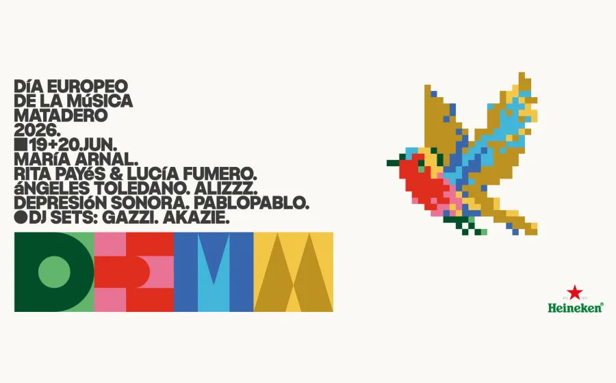 Cartel DEMM26 con ilustración de pajarito pixelado