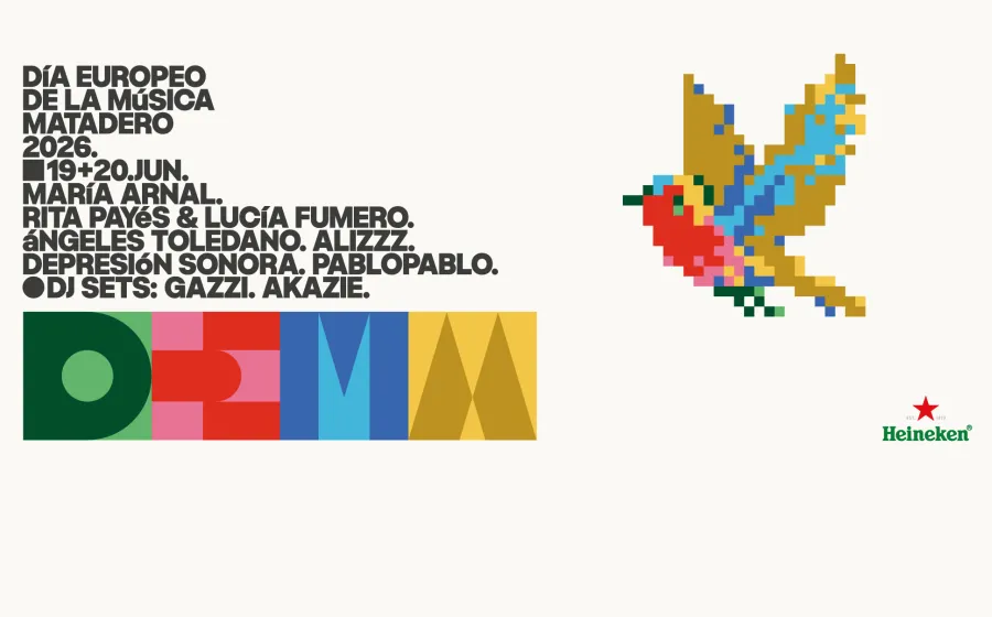 Cartel DEMM26 con ilustración pajarito pixelado