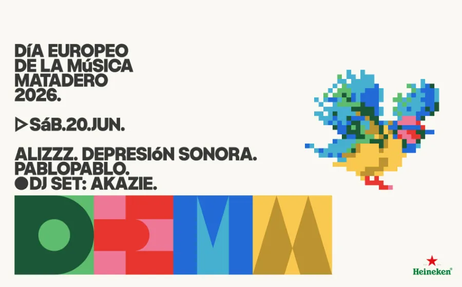 Cartel DEMM26 con ilustracion de pajarito pixelado