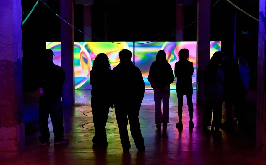 Siluetas de gente frente a un panel iluminado