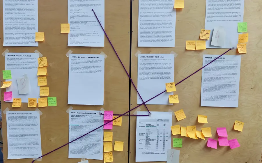 Papeles, postits y cuerdas sobre un panel de corcho 