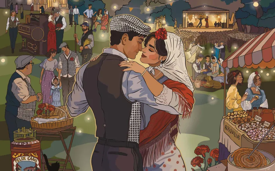 Ilustración de pareja de chulapos bailando en una verbena