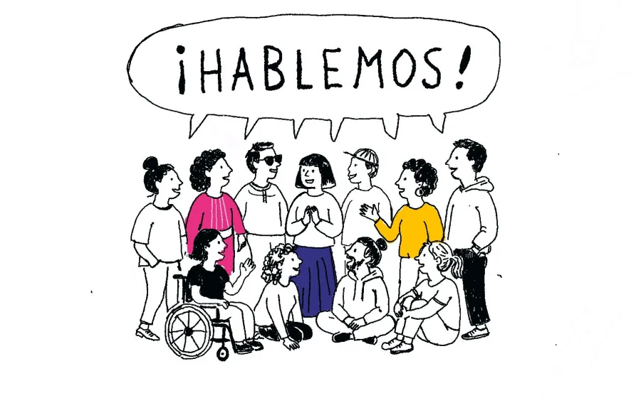 ilustración de grupo de personas reunidas de pie, con una persona en silla de ruedas en primer término