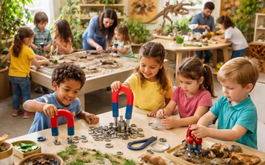 Niñas y niños jugando con imanes gigantes