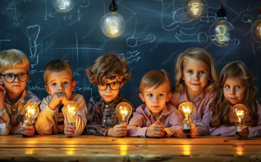 Un grupo de niñas y niños miran unas velas encendidas en una mesa
