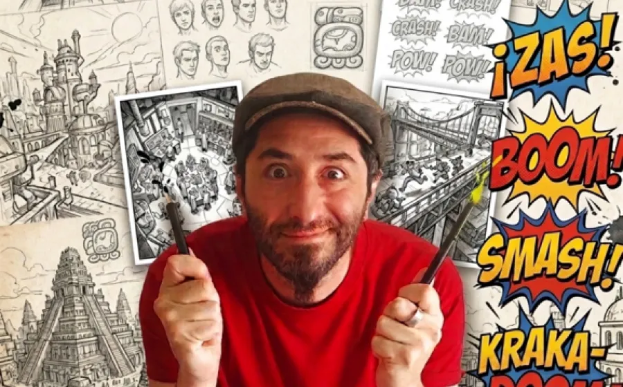 un chico con gorra con rotuladores en las manos con un fondo de ilustraciones de cómic