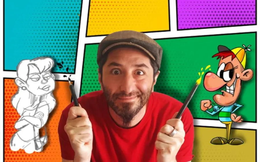 Un chico con gorra sujeta dos rotuladores con un fondo de colores con dos ilustraciones de personajes