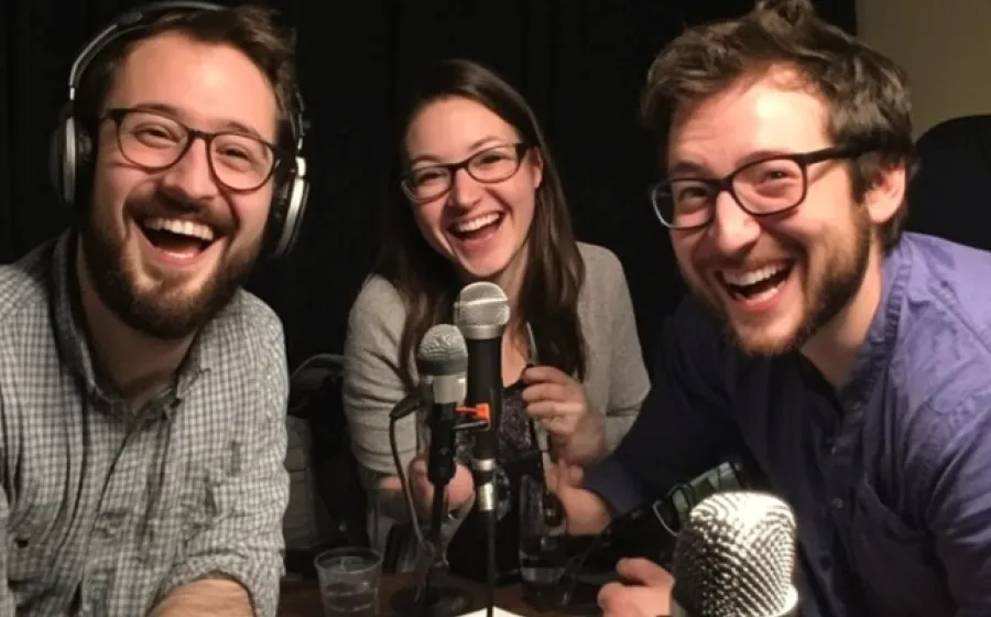 dos chicos y una chica ríen frente a un micrófono