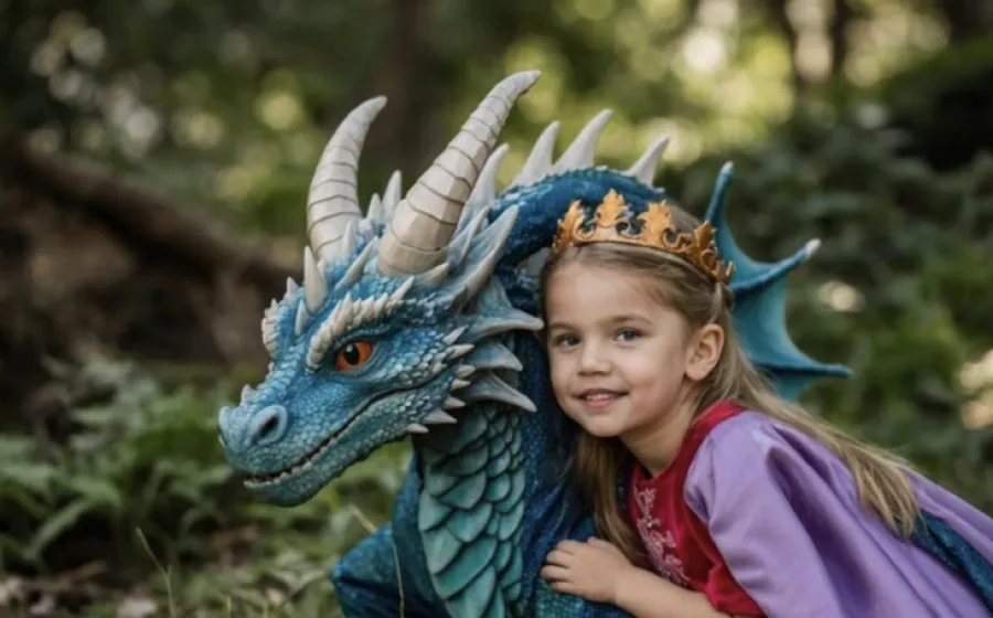una niña disfrazada de princesa posa junto a la figura de un dragón