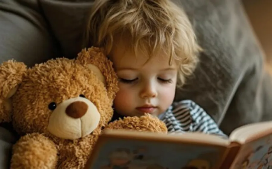 Un niño ojea un cuento con su osito de peluche