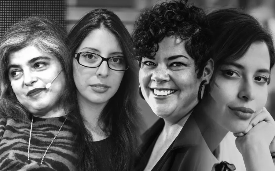 Collage en blanco y negro de fotografías de rostros de cuatro mujeres