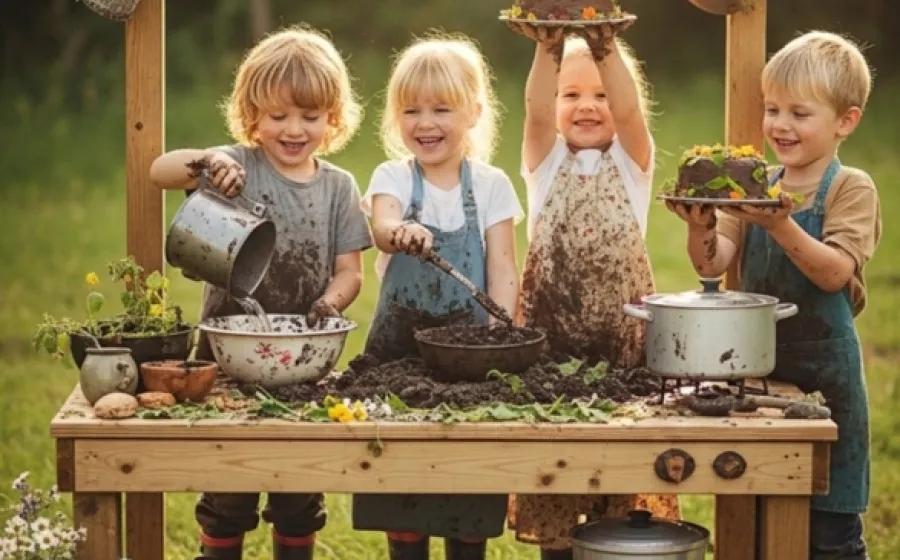 cuatro niños rubios juegan con alimentos en una mesa en medio de un jardín