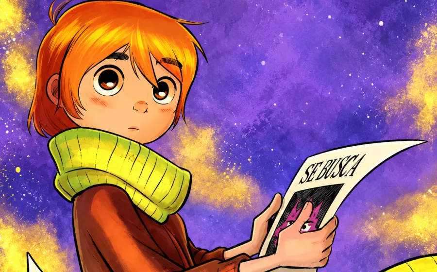 ilustración de un niño rubio con bufanda verde que observa una hoja de periódico