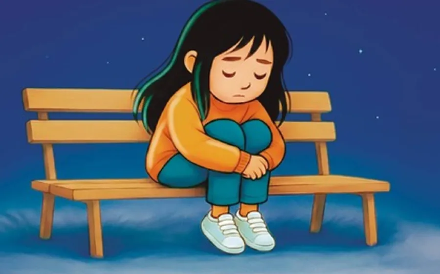 Ilustración de una niña triste sentada en un banco
