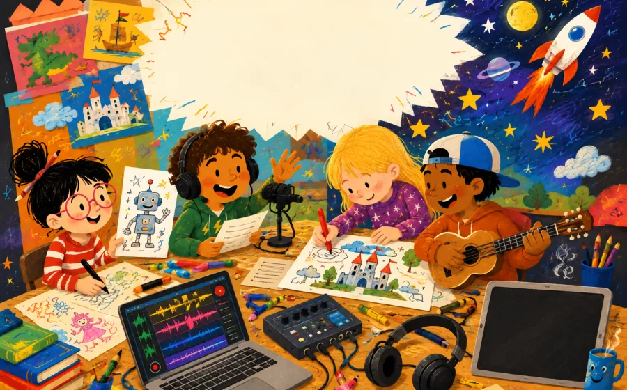 ilustración de niños en torno a una mesa escribiendo cuentos y riendo
