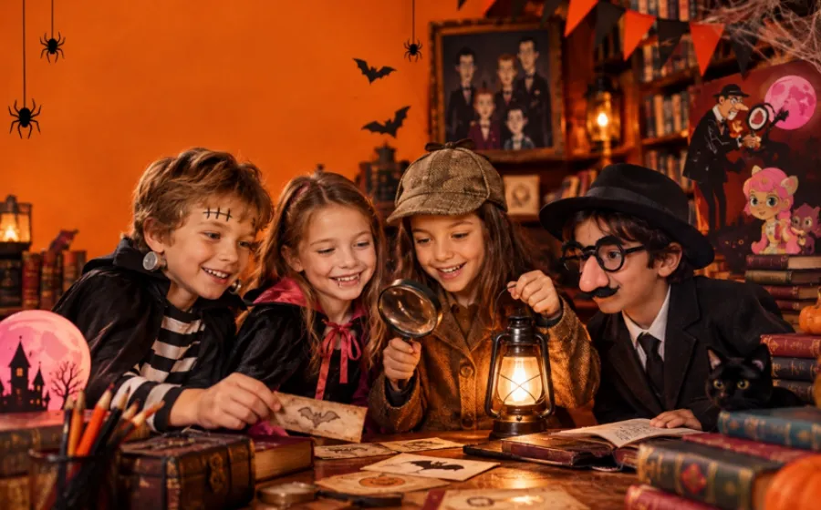 Cuatro niños y niñas disfrazados de Halloween juegan en torno a una mesa