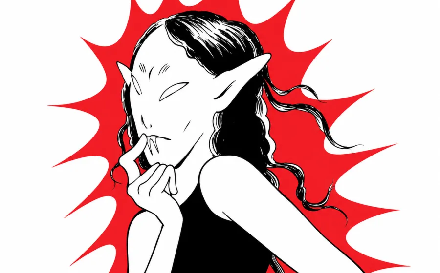 Ilustración de cómic que muestra a una jóven con rostro de demonio con orejas puntiagudas. Está rodeada por un aura de color rojo