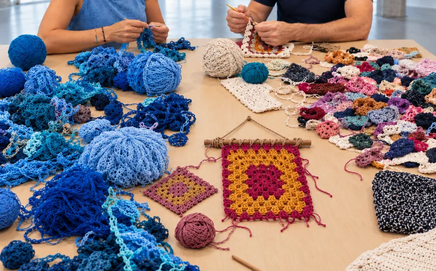 Varias personas trabajan en una mesa llena de ovillos e hilos de colores con una pieza cuadrada tejida en el centro