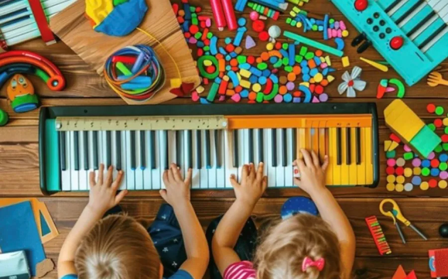 Fotografía cenital en la que se ve a dos niños tocando un teclado