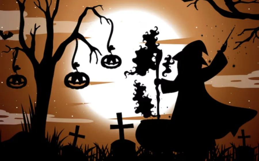 Ilustración con sombras de un árbol del que cuelgan calabazas, lápidas en forma de cruz y un hechicero de espaldas