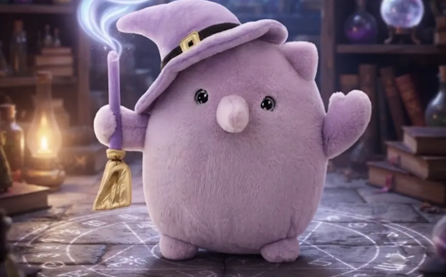 Muñeco fantástico morado de trapo lleva atuendo de brujas